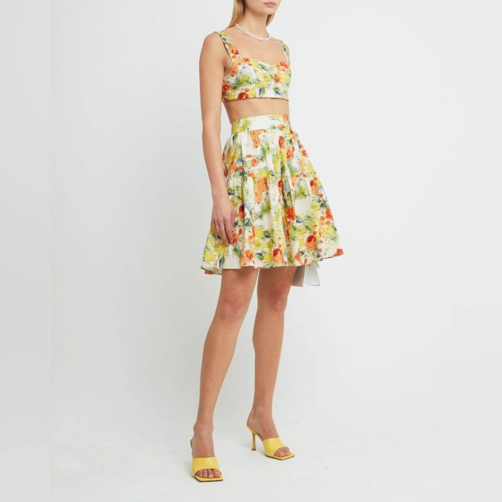 O.P.T Reese Set Crop Top High Waist Skirt Tropical Vaca Floral Watercolor XS NWT
